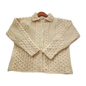 Quills Woolen Market Ireland Fisherman Chunky Cardigan Size L Collared Ivory